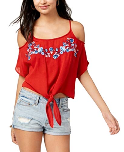 Juniors' Embroidered Cold-Shoulder Top
